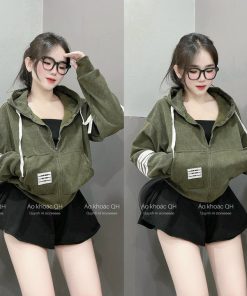 áo Khoác Nhung Tăm Nữ Dáng Lửng Trơn Thêu 4 Sọc Tay Chất Vải Nhung Dày Thời Trang – Htm Fashion