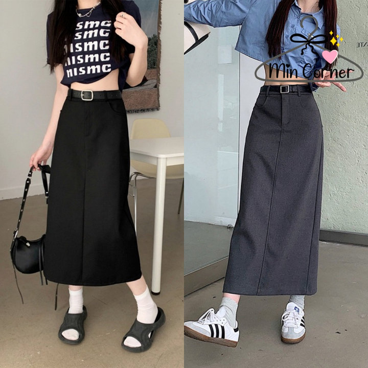 Chân Váy Ulzzang Midi ,chân Váy Dài Xẻ Sau Phong Cách Trẻ – Khoá Trước Mv39 – Min Corner