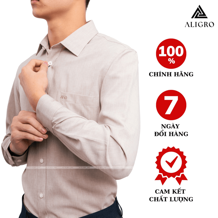 áo Sơ Mi Nam Dài Tay Aligro Cổ Bẻ Dáng ôm Body 100% Chất Cotton Trơn Màu Ghi Algs157- Aligro