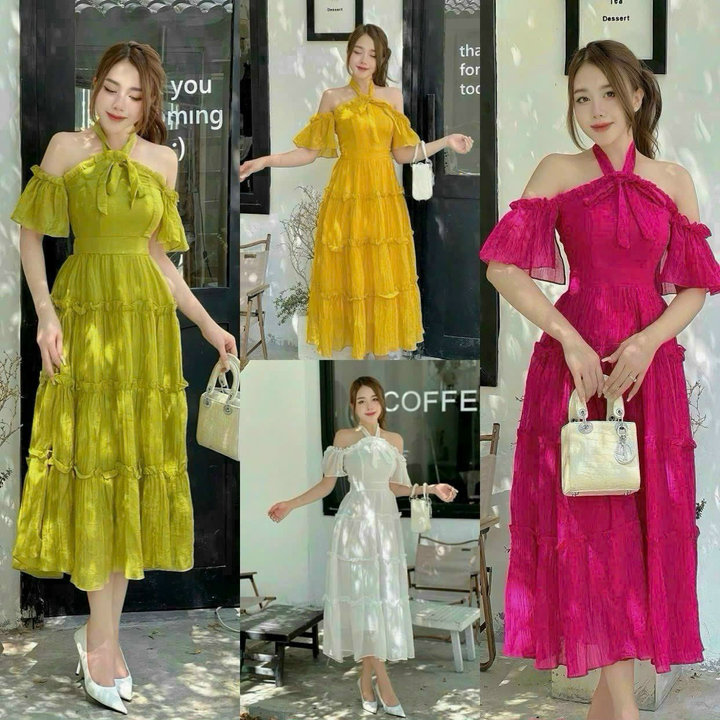 đầm Trễ Vai Tay Bèo Cột Nơ Cổ Mocking Phía Sau(có Mút) Bh85f- Nana House