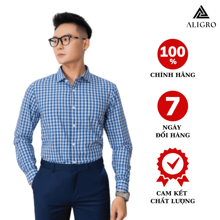 áo Sơ Mi Nam Dài Tay Aligro Chất Liệu Bamboo Cao Cấp Mềm Mịn, Kháng Khuẩn, Chống Tia Uv Kẻ Caro Xanh Algs215 – Aligro
