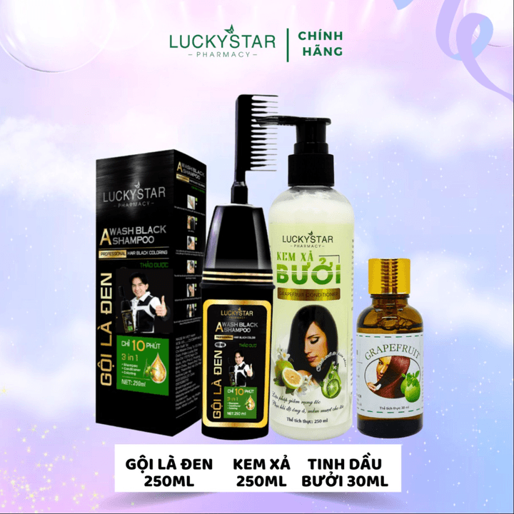 [combo Chăm Sóc Tóc] Combo Gội Phủ Bạc, Kem Xả Bưởi 250ml – Tinh Dầu Bưởi 30ml – Lucky Star