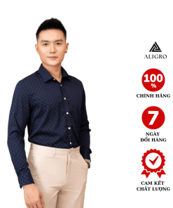 áo Sơ Mi Nam Dài Tay Aligro Cổ Bẻ Dáng ôm Body 100% Chất Cotton Navy Vân ô Algs223 – Aligro