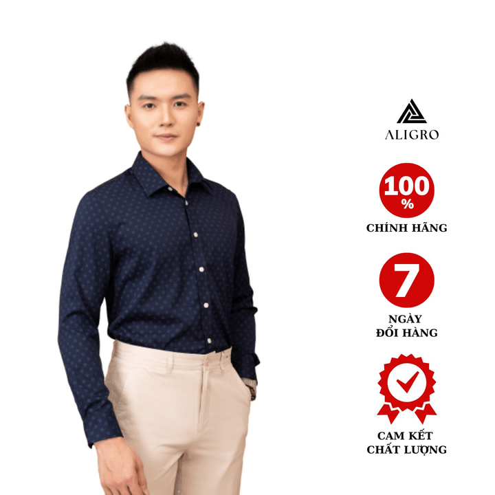 áo Sơ Mi Nam Dài Tay Aligro Cổ Bẻ Dáng ôm Body 100% Chất Cotton Navy Vân ô Algs223 – Aligro