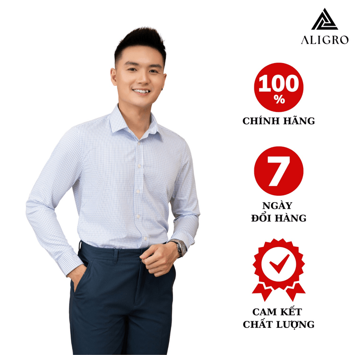 áo Sơ Mi Nam Dài Tay Aligro 100% Chất Liệu Bamboo Sợi Tre Sọc Caro Màu Xanh Cổ Bẻ Dáng ôm Algs220 – Aligro