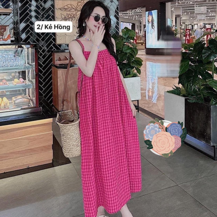 đầm Váy Nữ Maxi đũi Caro 2 Dây Dáng Dài Bt73i- Nana House