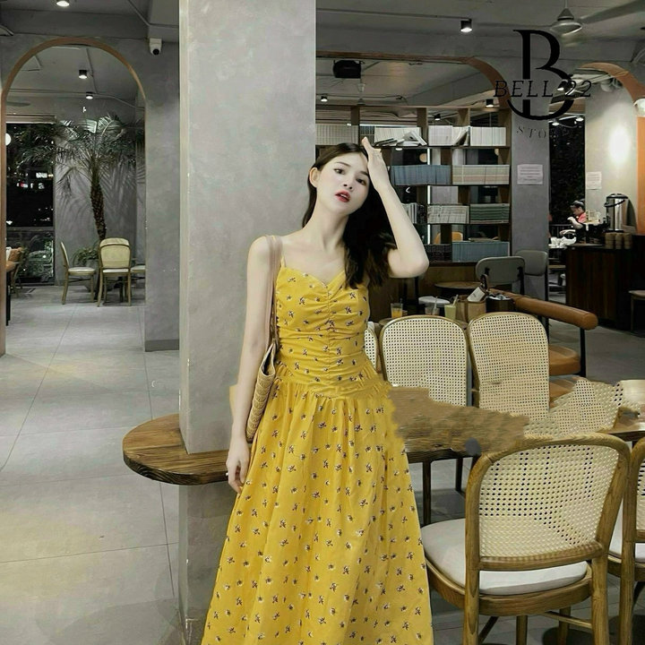 đầm Vàng Voan Hoa Nhún Ngực Chạy Mocking Thân Sau(có Mút Ngực, Có Lót) B1480 – Bell22 Store