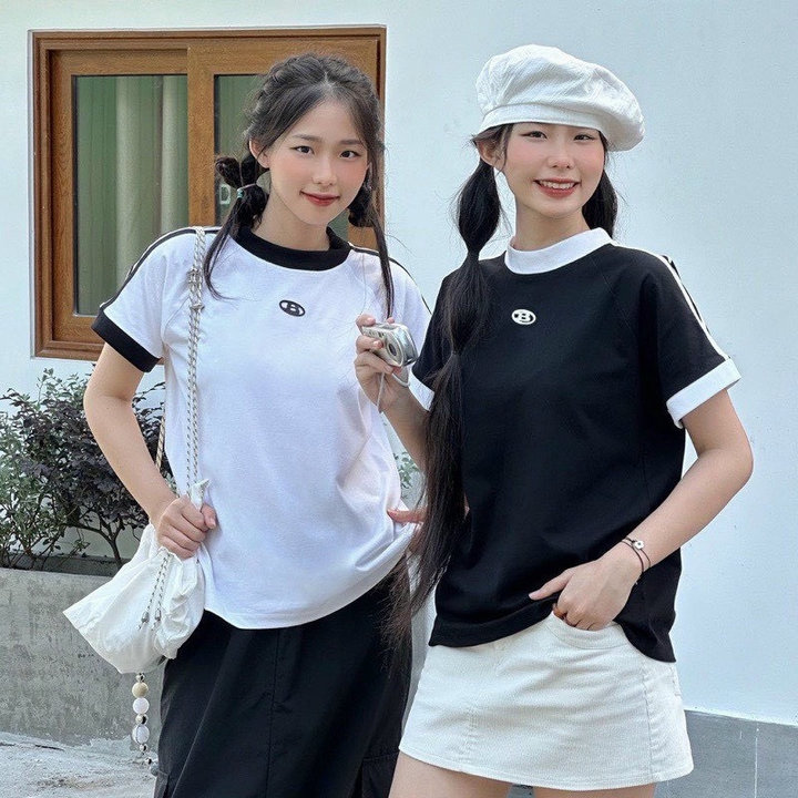 áo Thun Cotton Nữ Cổ Tròn Phối Tay Sọc Logo In Chữ B Trước Ngực Chất Vải Co Giãn Thoáng Mát -htm Fashion