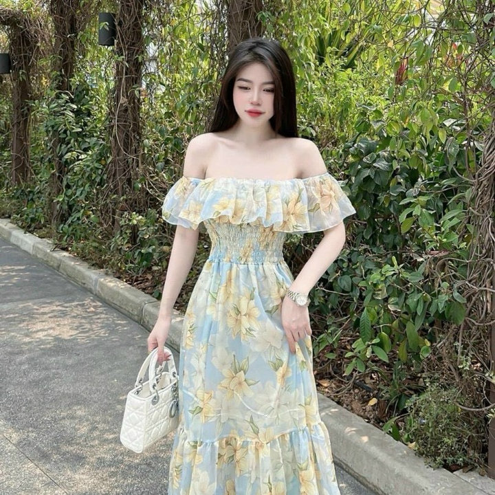 đầm Váy Nữ Rớt Vai Form Xòe Bèo Vai Có Mocking Bh1158- Nana House
