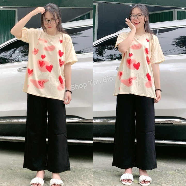 Bộ Nữ Quần ống Rộng đen + áo Tim Be