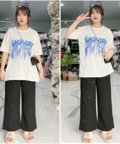 Bộ Nữ Quần ống Rộng đen + áo Phông Loang