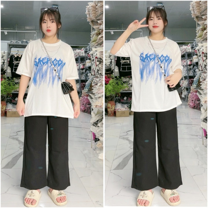 Bộ Nữ Quần ống Rộng đen + áo Phông Loang