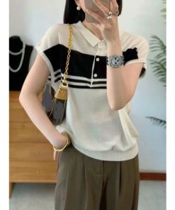 áo Thun Dệt Kim Tay Hến, Kiểu Cổ Sen Phối Họa Tiết Sọc Kẻ To Dành Cho Bạn Nữ – Chipxinhxk