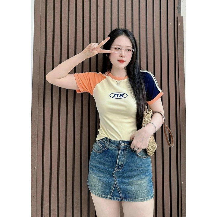 áo Thun Mùa Hè Nữ Thiết Kế Tay Sọc Cổ Tròn Họa Tiết Chữ Ns Chất Thun Cotton Mềm Mịn -htm Fashion