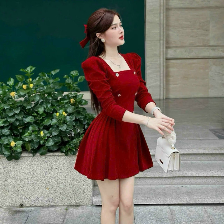 đầm Nhung Cứng Cổ Vuông Tay Xếp Ly Tùng Màu Sh1957- Sam Store