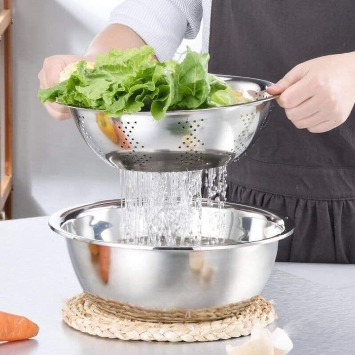 Set 5 Tô Và Rổ Inox Gồm Có 4 Tô + 1 Rổ