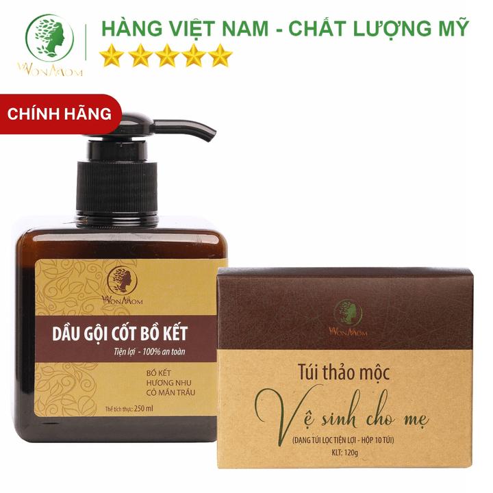 Bộ Giảm Rụng Tóc, Trị Gàu, Khử Mùi Vùng Kín Wonmom (1 Dầu Gội Bồ Kết + 1 Hộp Thảo Mộc Xông Vùng Kín)