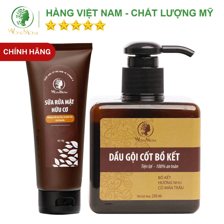 Bộ Da đẹp Tóc đen, Dưỡng Sáng Da Mặt, Kích Thích Mọc Tóc Suôn Mượt Wonmom (1 Sữa Rửa Mặt + 1 Dầu Gội Bồ Kết)