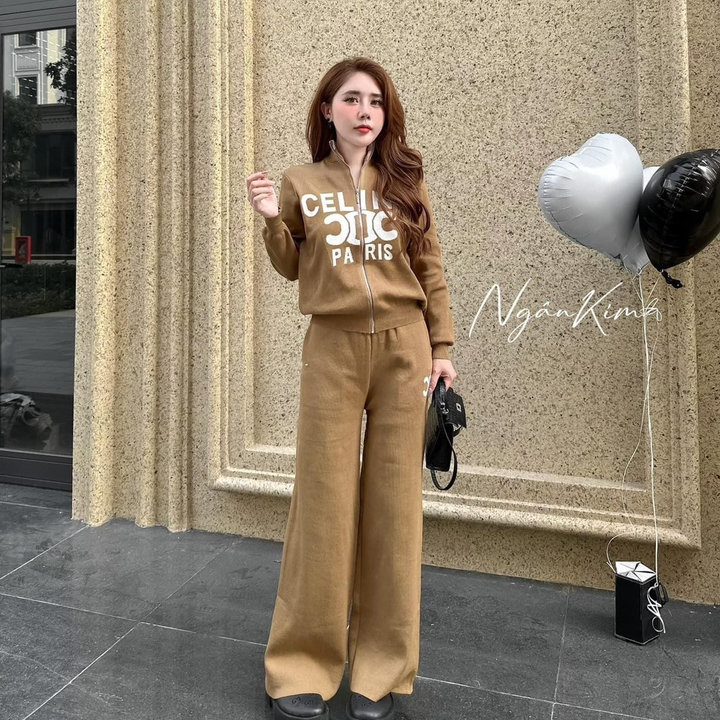 Set Bộ đồ Thể Thao Nỉ Nữ Quần Dài áo Phối Khóa Kéo Họa Tiết Chữ Celine -htm Fashion