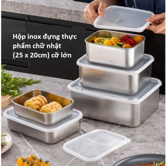 Hộp Inox đựng Thực Phẩm, Hình Chữ Nhật Cỡ Lớn 25x20cm – Hgs