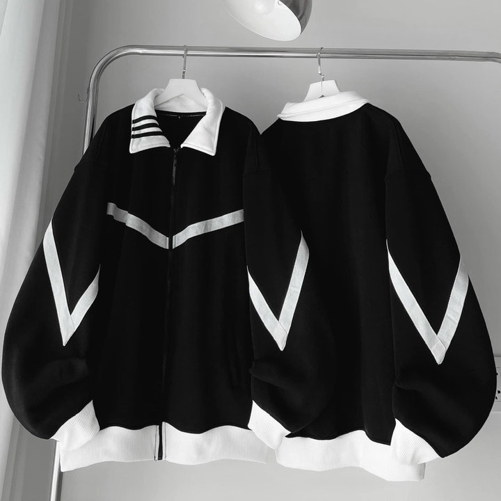áo Khoác Zip Nỉ Nam Nữ Form Rộng Phối 3 Sọc Cổ Chạy Viền Tay Phong Cách Mẫu Mới -htm Fashion