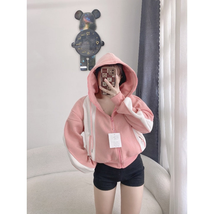 áo Khoác Nỉ Dệt Nữ Form Rộng Túi Có Khóa Kéo Nón Rộng Dày Chống Nắng Tốt-htm Fashion