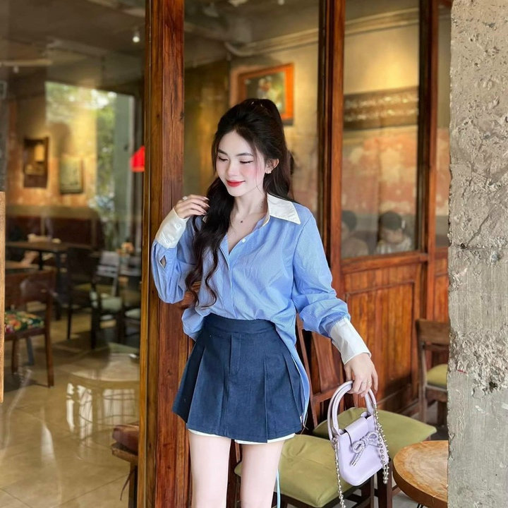 Sét Váy Nữ áo Sơ Mi Sọc Phối Trắng Xe Tà Sau Mix Chân Váy Jeans Có Lót Phong Cách Trẻ Trung Thời Trang Mùa Hè Nữ Tp73