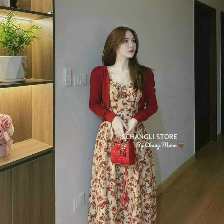 đầm 2 Dây Hoa Kèm áo Khoác Lửng Phong Cách Nhẹ Nhàng Tiểu Thư Women Nữ Cực Dễ Thương Tp63