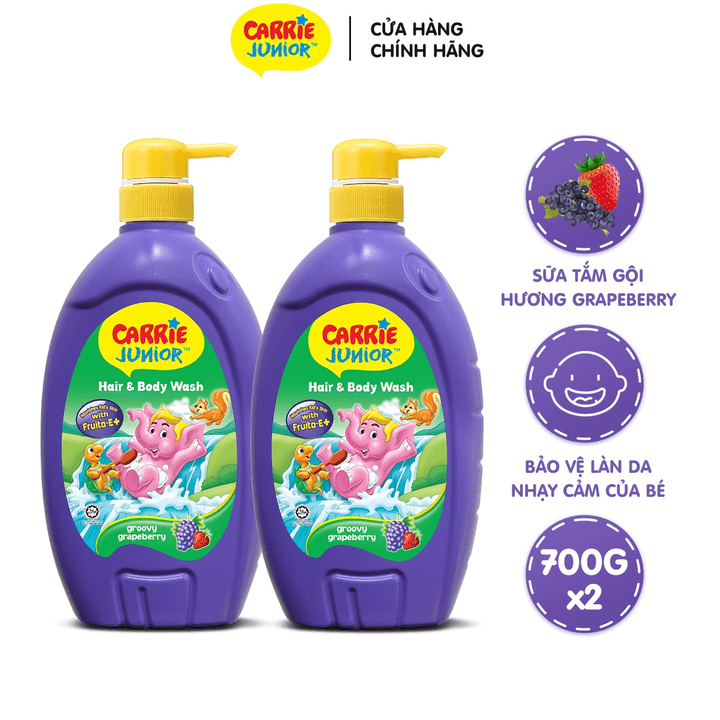 Combo 2 Sữa Tắm Gội Cho Bé Carrie Junior Chiết Xuất Trái Cây Thiên Nhiên Hương Grapeberry 700g + Chai 280g (mùi Ngẫu Nhiên)