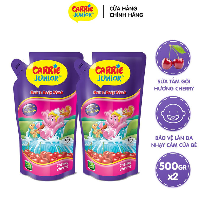 Combo 2 Túi Sữa Tắm Gội Carrie Junior Cho Bé Chiết Xuất Trái Cây Thiên Nhiên Hương Cheeky Cherry 500g