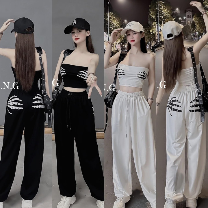 Set Bộ áo Quây In Bàn Tay Crotop Phối Quần ống Rộng Dài Thể Thao -htm Fashion