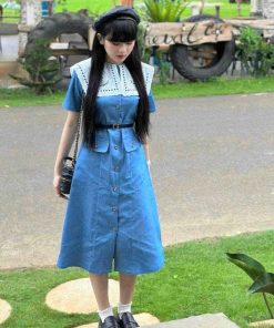 đầm Denim Cài Nút Phối Cổ Thêu Kèm Dây Nịt Sh120y- Sam Store