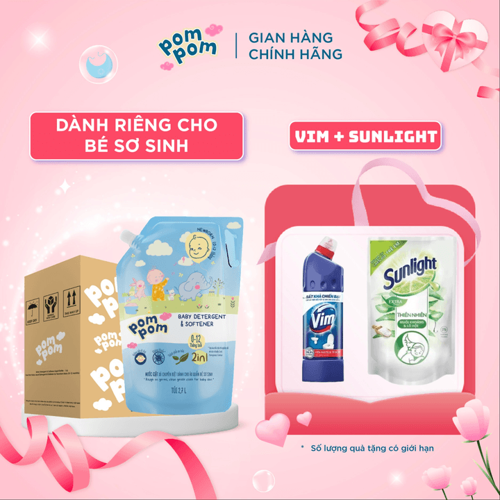 [thùng 3 Túi 2.7l] – Dành Cho Bé Sơ Sinh – Gel Giặt Xả 2in1- Sạch Sâu Kháng Khuẩn – Khử Mùi Nôn Trớ, ọc Sữa, Tè Khai-lưu Hương Phấn Thơm Dịu Nhẹ