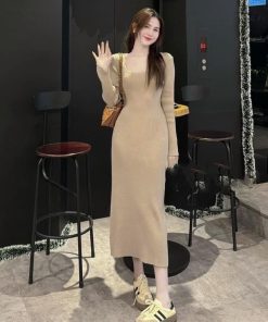 đầm Body Thun Gân Tay Dài Cổ Vuông Bt689u- Nana House