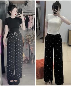 Sét Bộ Quần Chenal Chờ Neo + Mix áo Croptop Trơn Chất Tăm Cổ Tròn Dáng Ngắn Cộc Tay