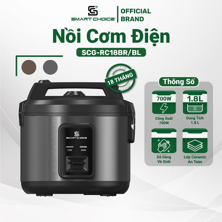 Nồi Cơm điện 1.8l Lòng Phủ Ceramic Smartchoice Scg-rc18br/bl-smartchoice