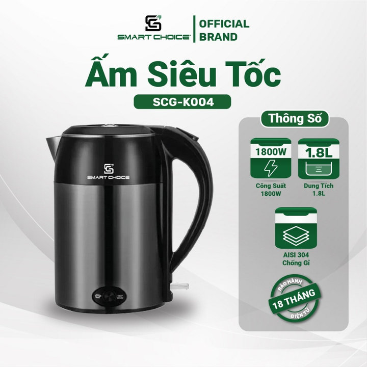 ấm Siêu Tốc Smartchoice Scg-k004 1.8l Có Nút Giữ ấm Tiện Lợi, Công Nghệ Sôi Nhanh- Smartchoice