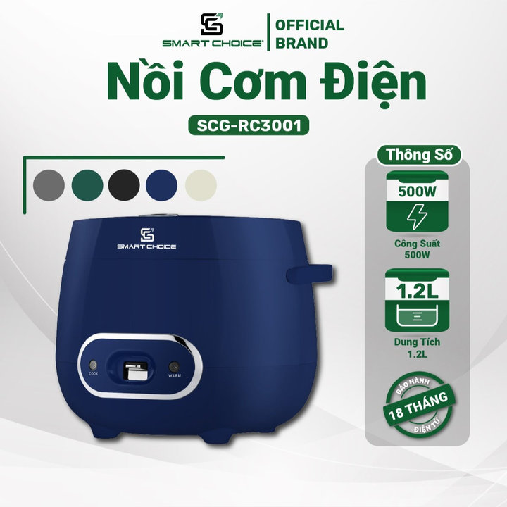 Nồi Cơm điện Mini Lòng Phủ Ceramic Chống Dính Tốt Siêu Bền 1.2l Smartchoice Scg-rc3001-smartchoice