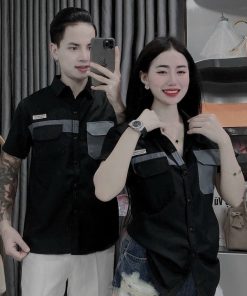 áo Sơ Mi Nam, Nữ Tay Ngắn Cotton Lạnh đen Phối Túi Xám – Soo1990