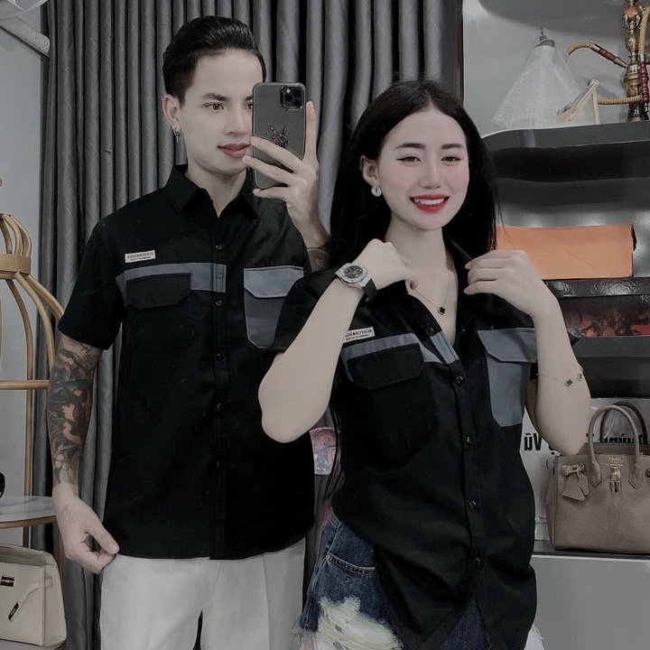 áo Sơ Mi Nam, Nữ Tay Ngắn Cotton Lạnh đen Phối Túi Xám – Soo1990
