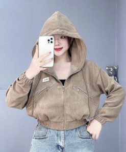 áo Khoác Nữ Nhung Gân Thêu Min Trước Ngực Dáng Lửng Có Nón -htm Fashion