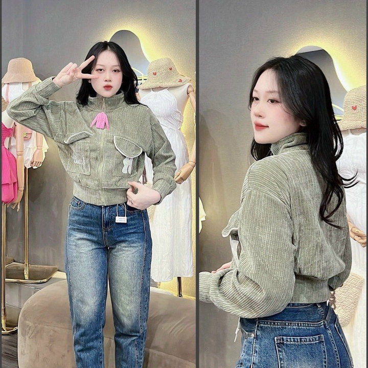 áo Khoác Croptop Nữ Nhung Gân Cổ đứng Thêu Bluck Phối 2 Túi Trước áo -htm Fashion