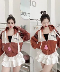 áo Khoác Nhung Gân Nữ Có Nón Thêu Joilin Dáng Lửng -htm Fashion