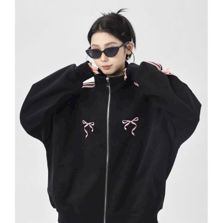 áo Khoác Nỉ Cổ Trụ Phối Sọc Viền Tay Có 2 Nơ Hồng Xinh Unisex Tp39 – Phương Store