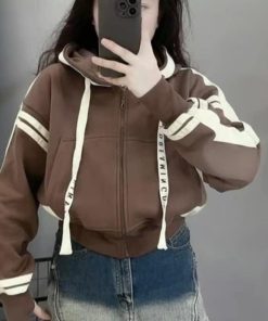 áo Khoác Nỉ Nữ Phối Tay 2 Sọc Ngang Có Nón Dày 2 Lớp -htm Fashion