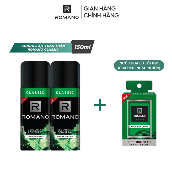 Combo 2 Xịt Khử Mùi Romano Classic 150ml Tặng Kèm Nước Hoa Bỏ Túi Romano18ml