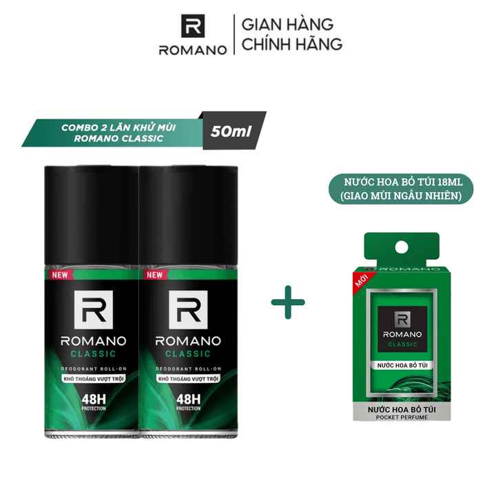 Combo 2 Lăn Khử Mùi Romano Classic 50ml Tặng Kèm Nước Hoa Bỏ Túi 18ml