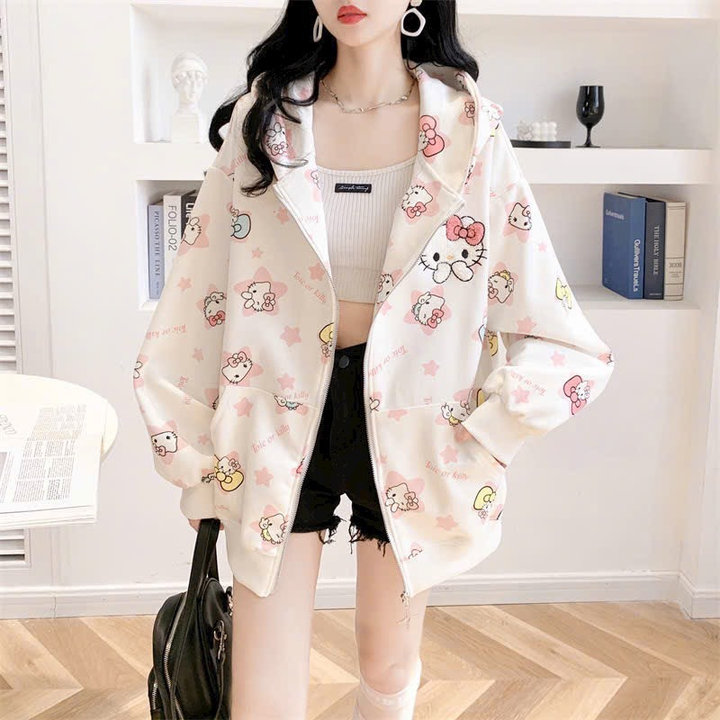 áo Khoác Hoodie Nữ In 3d Mèo Kitty Dễ Thương Có Nón Chống Nắng -htm Fashion