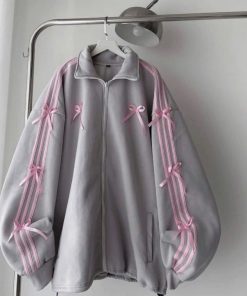 áo Khoác Nỉ Nữ Cổ Bẻ Phối Tay 3 Sọc Gắn Nơ Thiết Kế Khóa Kéo -htm Fashion