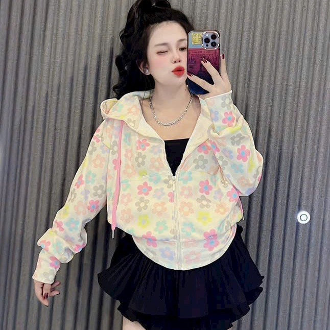 áo Khoác Croptop Nữ Dáng Lửng Có Nón In Họa Tiết Hoạt Hình 3d -htm Fashion